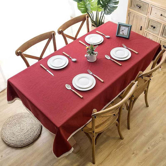 FRIPIA Linen Tablecloth With Burgundy Lace 140x220cm