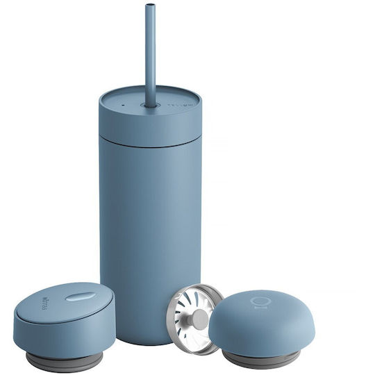 Fellow Ποτήρι Θερμός Γυάλινο / Ανοξείδωτο BPA Free 473ml Hazy Blue με Καλαμάκι
