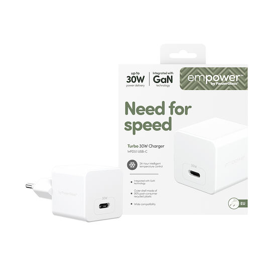 Empower by PanzerGlass Ladegerät ohne Kabel GaN mit USB-C Anschluss 30W Stromlieferung Weißs (EM52411)