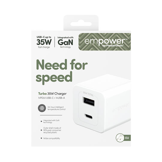 Empower by PanzerGlass Empower by PanzerGlass Handyladegerät Ohne Kabel GaN mit USB-A Ausgangsanschluss und USB-C Ausgangsanschluss 35W Stromlieferung Silber Weiß