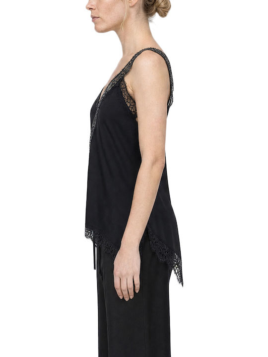 Bluza Damă Satin Lingerie Top Cu Dantelă Neagră
