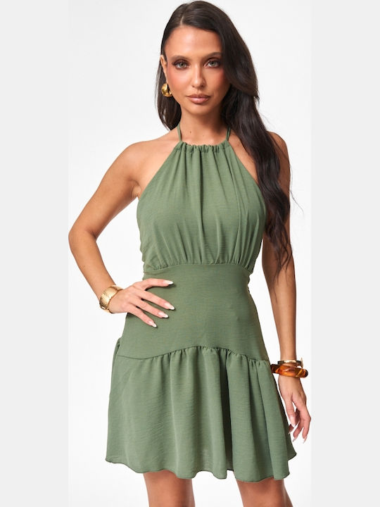 Summer Mini Dress with Ruffles Khaki