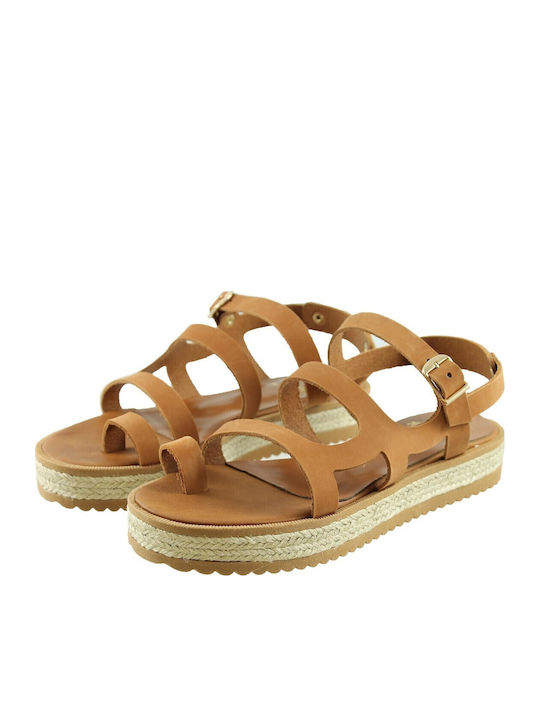 Leather Women's Flat Sandals in Tabac Brown Color