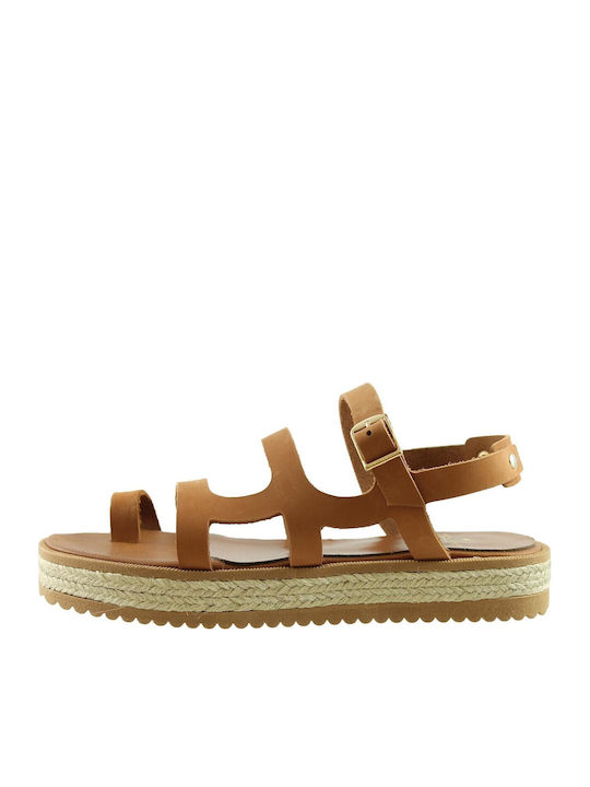 Leather Women's Flat Sandals in Tabac Brown Color