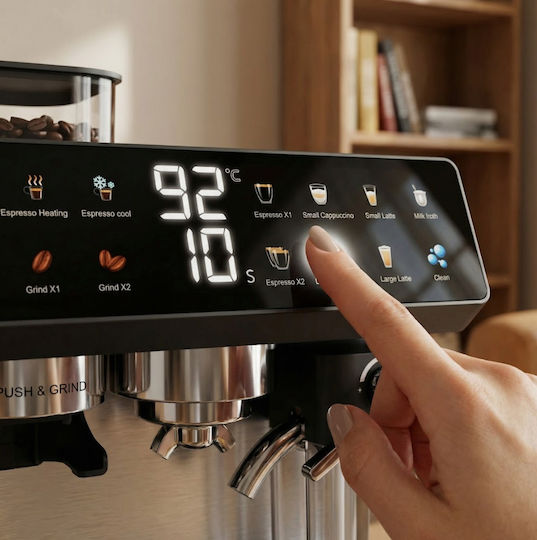 Izzy IZ-6028 Αυτόματη Μηχανή Espresso 1450W Πίεσης 20bar για Cappuccino με Μύλο Άλεσης Ασημί 225253