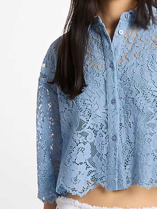 Long Sleeve Women's Denim Shirt Light Blue Floral