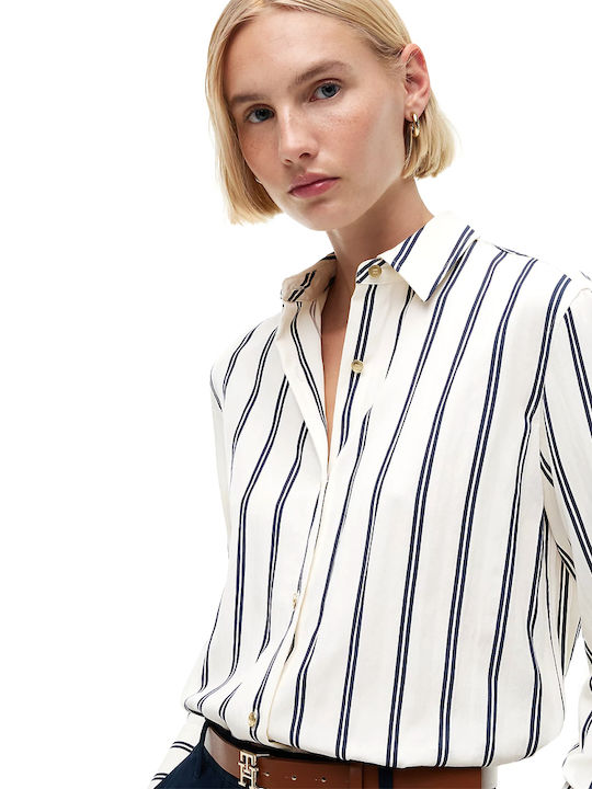 Long Sleeve Women's Shirt Ecru-Blue Striped