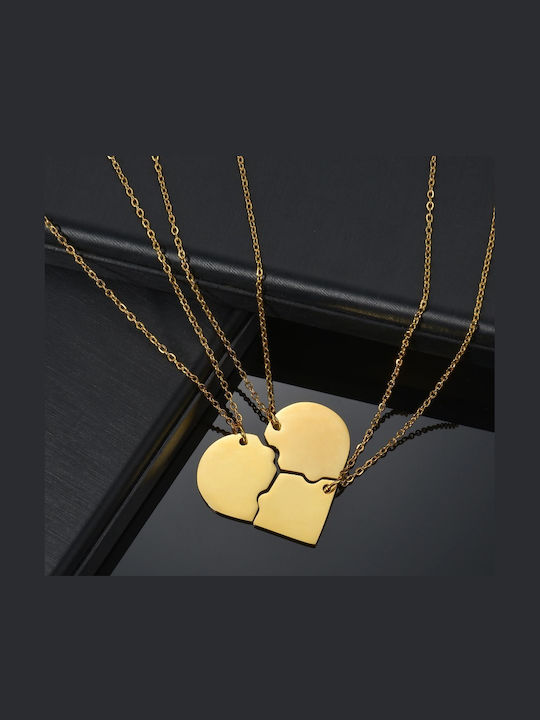Gold Puzzle Heart Necklace Friends 3 Pieces Steel