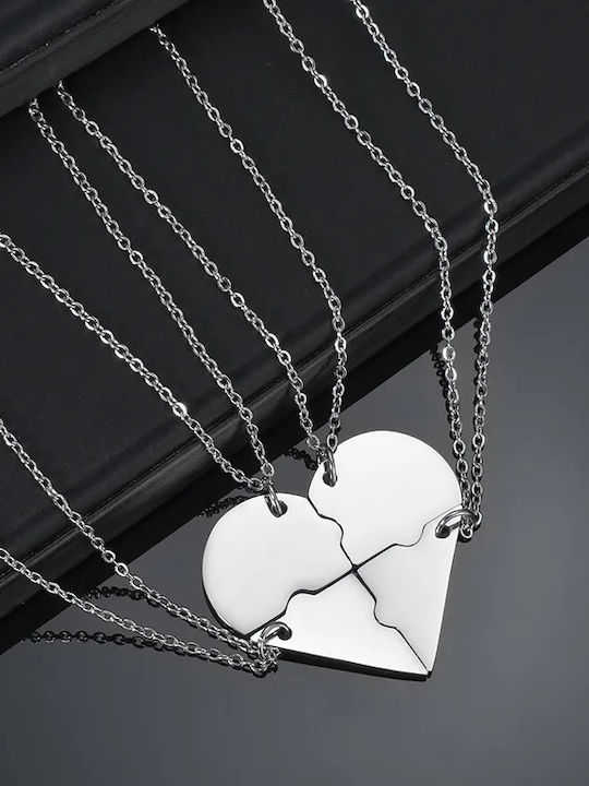 Silver Puzzle Heart Necklace Friends 4 Pieces Steel
