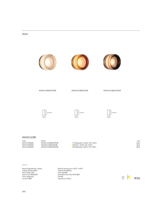 VK Lighting Φωτιστικό Τοίχου με Ενσωματωμένο LED και Θερμό Λευκό Φως Γκρι