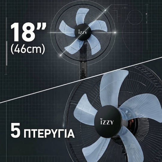 Izzy IZ-9004 Ανεμιστήρας Ορθοστάτης 70W Διαμέτρου 46cm με Τηλεχειριστήριο Μαύρος