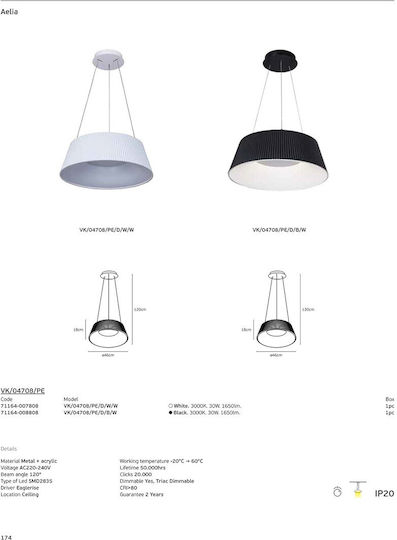VK Lighting Black LED Pendant Light with Warm White Light