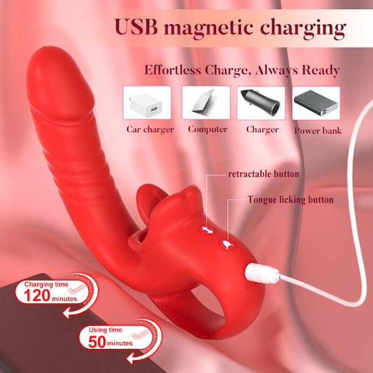 Smd Double Trouble Thruster Clitoral Licking & G-spot Thrusting Vibrator Διπλός Δονητής 10 Licking & Thrusting Modes Red
