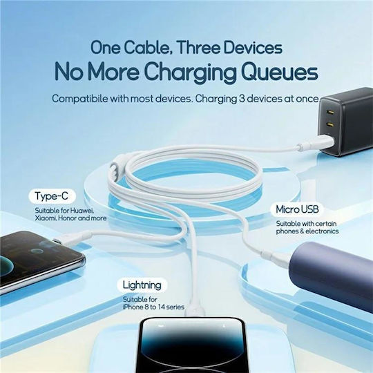 Ultra-fast One-to-three Изтеглящ Се Захранващ И Данни Кабел Usb Към Micro-usb Lightning Usb Type-c 3.5a 1.3m Бял