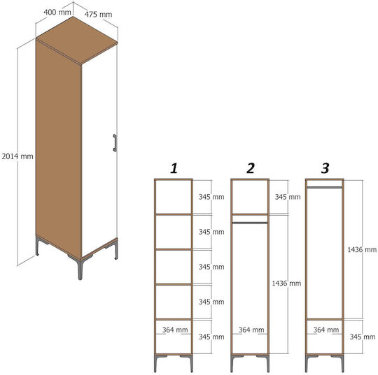 Solano Einzeltür Kleiderschrank Walnuss/Weiß 47.5x40x201.4cm