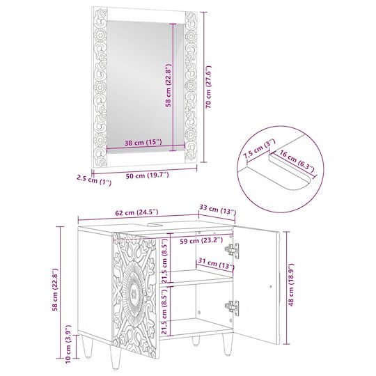 vidaXL Πάγκος χωρίς Νιπτήρα με Καθρέπτη Μ62xΒ33xΥ58cm Καφέ