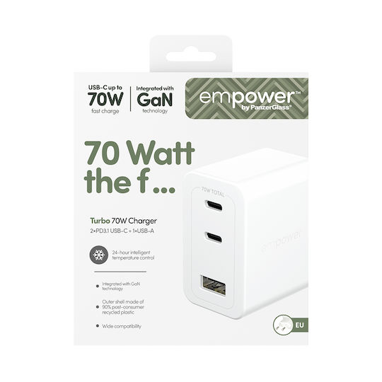 Empower by PanzerGlass Charger Without Cable with USB-A Port and 2 USB-C Ports 70W Power Delivery Whites (Empower)
