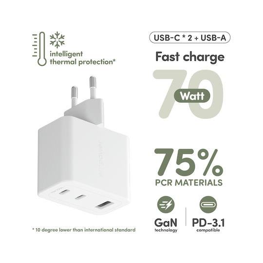 Empower by PanzerGlass Charger Without Cable with USB-A Port and 2 USB-C Ports 70W Power Delivery Whites (Empower)