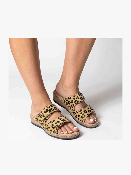 Leder Flache Damen Sandalen Braun 52-Leopard-Vachetta