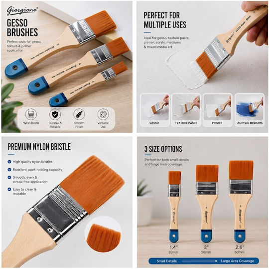 Roza Set of Art Brushes Gesso 3pcs 35mm 50mm 65mm Nylon Hair Primer Acrylics & Texture Paste