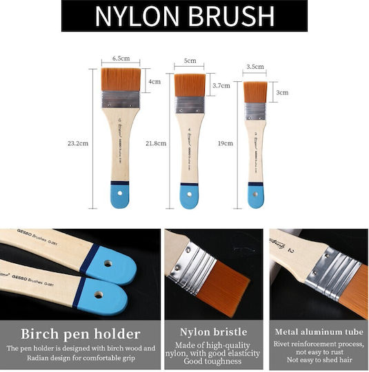 Roza Set of Art Brushes Gesso 3pcs 35mm 50mm 65mm Nylon Hair Primer Acrylics & Texture Paste