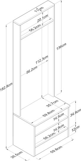 Едно Мебел За Антре Със Закачалка Бяла 60x35.5x183см Едно Мебел За Антре Със Закачалка Бяла 60x35.5x183см