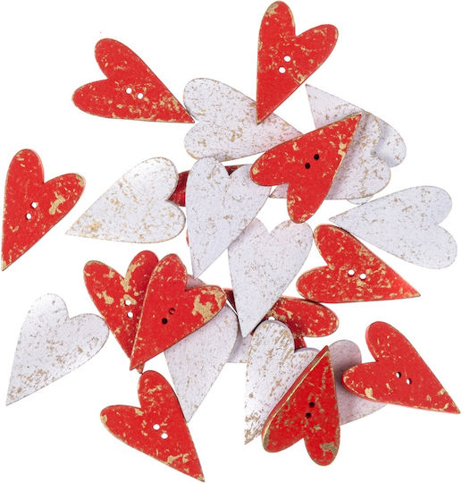 Wooden Heart Buttons Red White Gilded 24pcs