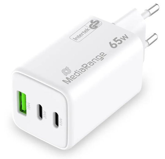 MediaRange Зарядно без кабел GaN с USB-A порт и 2 USB-C порта 65W Power Delivery / Quick Charge 3.0 Бял (MRMA116-2)