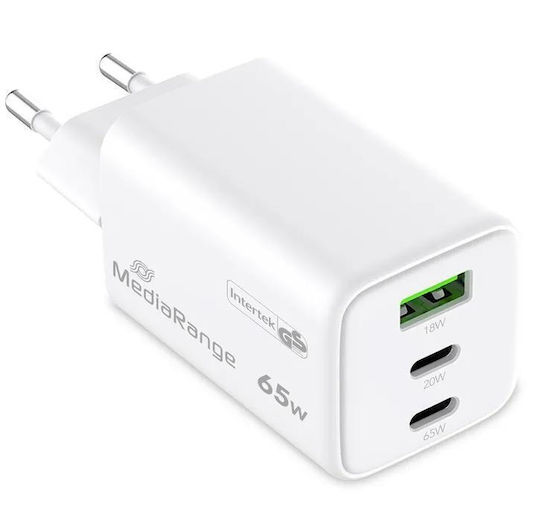 MediaRange Зарядно без кабел GaN с USB-A порт и 2 USB-C порта 65W Power Delivery / Quick Charge 3.0 Бял (MRMA116-2)