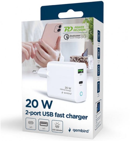 Gembird Charger Without Cable with USB-A Port and USB-C Port 20W Power Delivery / Quick Charge 3.0 Whites (TA-UC-PDQC20L-W-01)