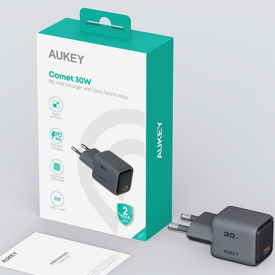 Aukey Φορτιστής Χωρίς Καλώδιο GaN με Θύρα USB-C 30W Power Delivery Γκρι (PA-C1 Comet)