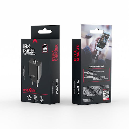 Maxlife Ladegerät ohne Kabel mit 2 USB-A Anschlüsse Schwarzs (MXTC-12)