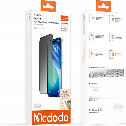 Mcdodo Datenschutz Gehärtetes Glas Auto-fit Displayschutzfolie für iPhone 17 Pro Max