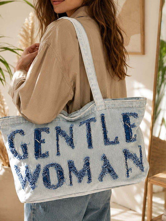 Gallantry Embroidered Gentle Woman Denim Tote Bag A Casual Style White Blue