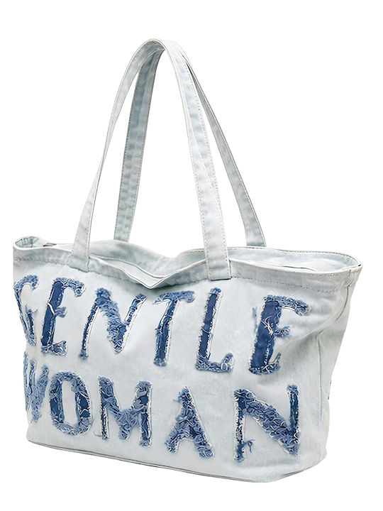 Gallantry Embroidered Gentle Woman Denim Tote Bag A Casual Style White Blue