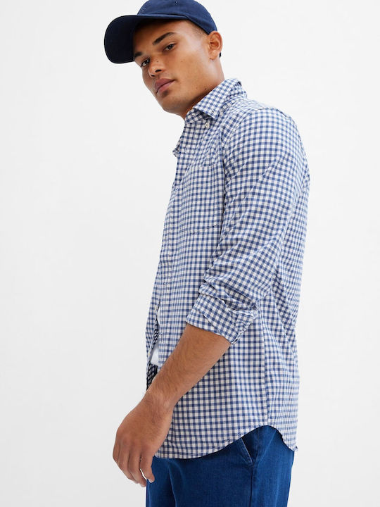 Long-sleeved Cotton Shirt Checked Blue