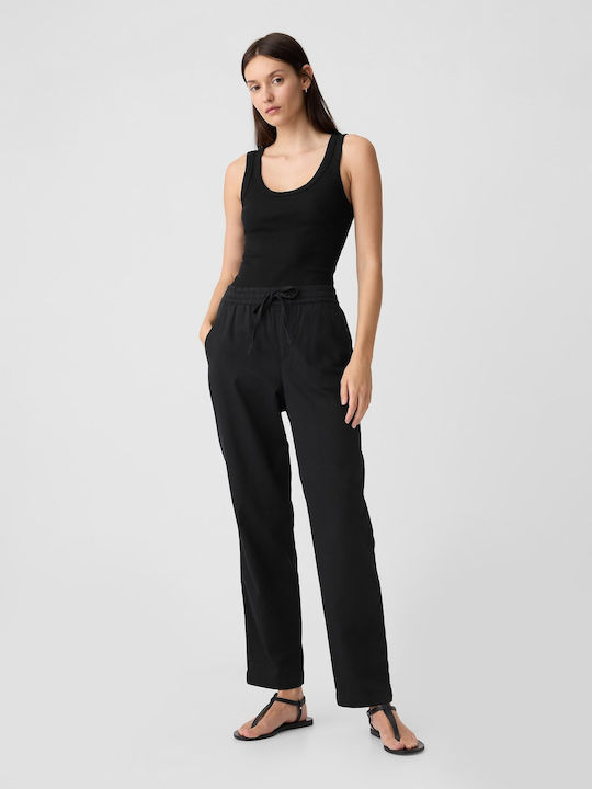 Women's Fabric Capri Trousers with Elastic Straight Line Black