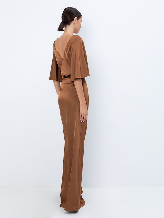 Maxi Evening Satin Dress with Slit Satin