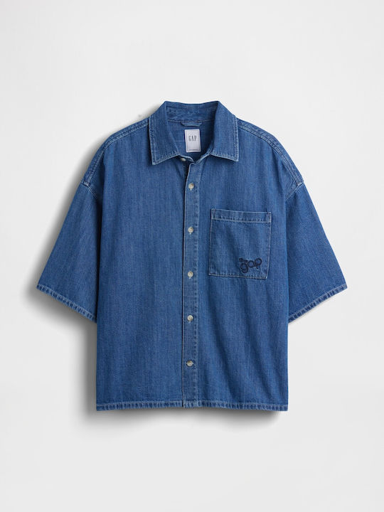 Short Sleeve Denim Shirt in Wide Fit Medium Indigo