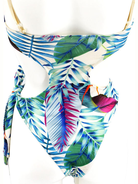 One Piece Swimsuit Leaf Floral Tied At The Waist