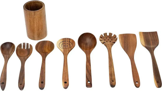Set of Wooden Serving Utensils With Stand 9 Pieces