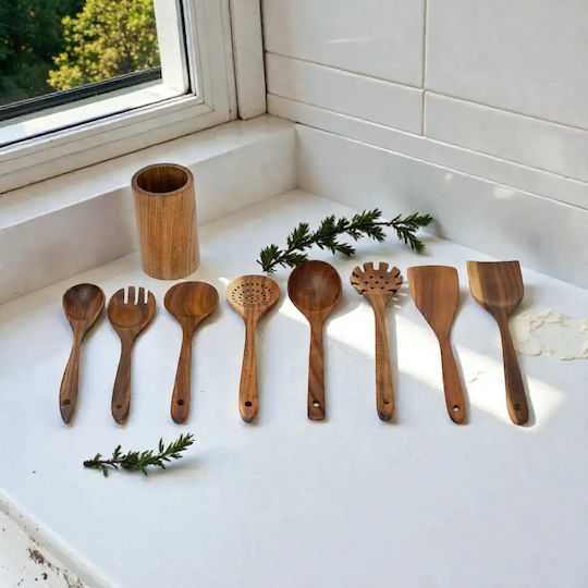 Set of Wooden Serving Utensils With Stand 9 Pieces