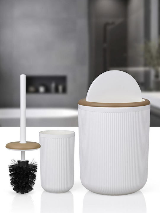 SteweHome Plastic Bathroom Brush and Trash Can Set White