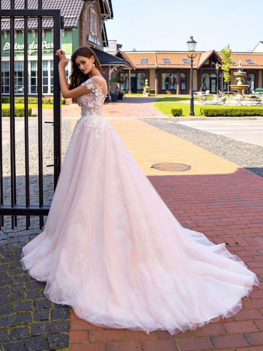 Maxi Brautkleid mit Spitze & Masche Beige-Rosa