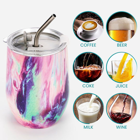 Belle Vous Pahar Termos Oțel Inoxidabil / Plastic 350ml Multicolor cu Pai