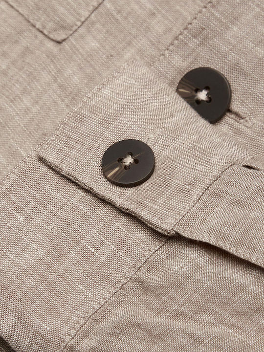 Long Sleeve Linen Overshirt in Regular Fit Beige