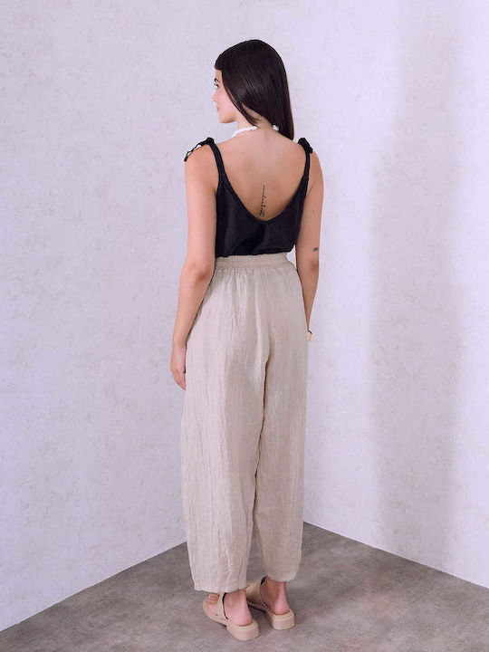 Celestino Women's Linen Barrel Loose Fit Beige Trousers