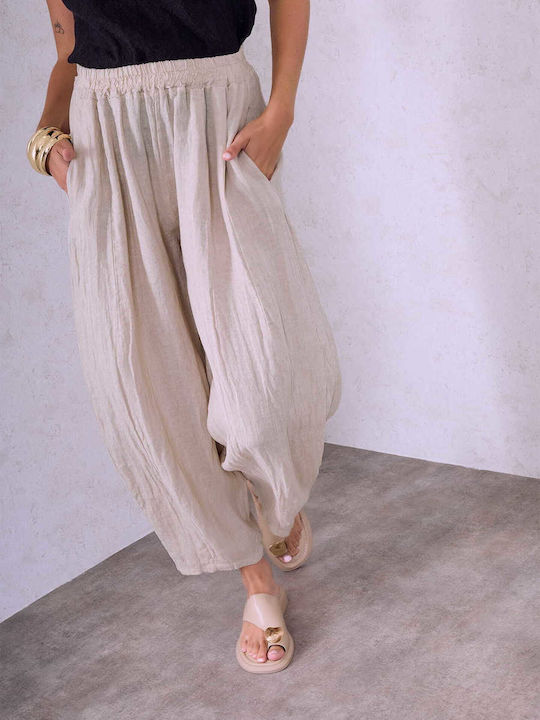 Celestino Women's Linen Barrel Loose Fit Beige Trousers