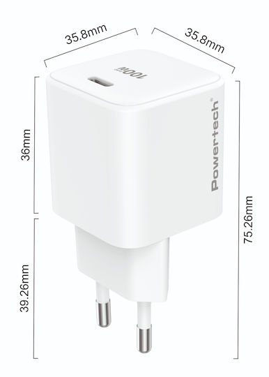 Powertech Charger Without Cable GaN with USB-C Port 100W Power Delivery White (PT-1612)