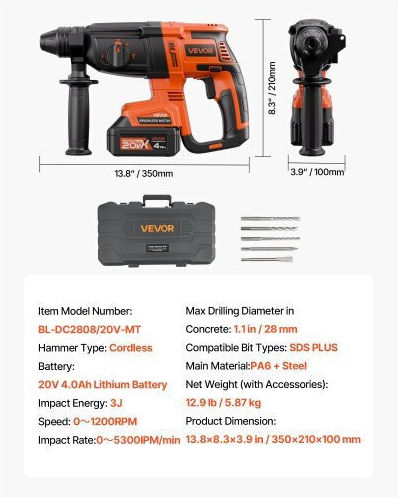 Vevor Demolition Hammer Battery Brushless 20V 1x4Ah with Chuck SDS Plus DC20WSDC28MMG9H4B001V2